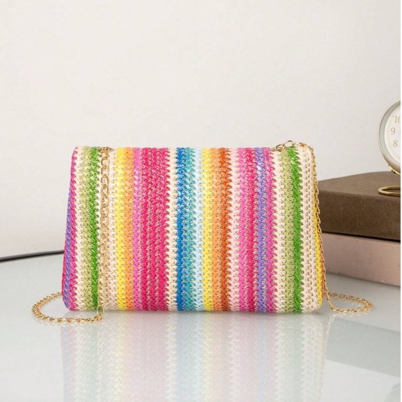 Color Block Straw Bag Metal Decor Chain Strap - Picture 2 of 5